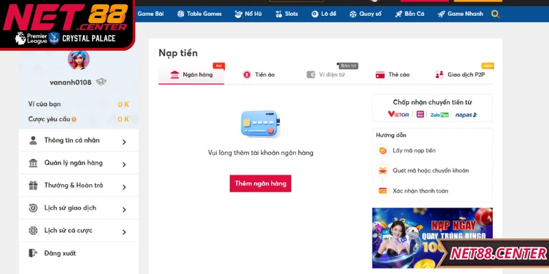 Hướng dẫn nạp tiền Net88 cho hội viên mới