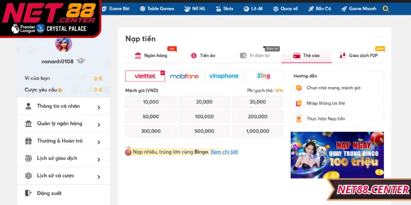 Nạp tiền Net88 qua thẻ cào