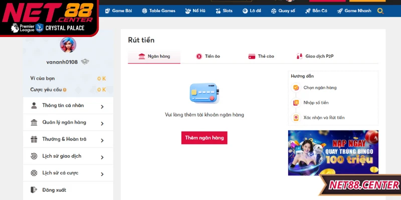 Hướng dẫn chi tiết từng bước rút tiền Net88 đơn giản